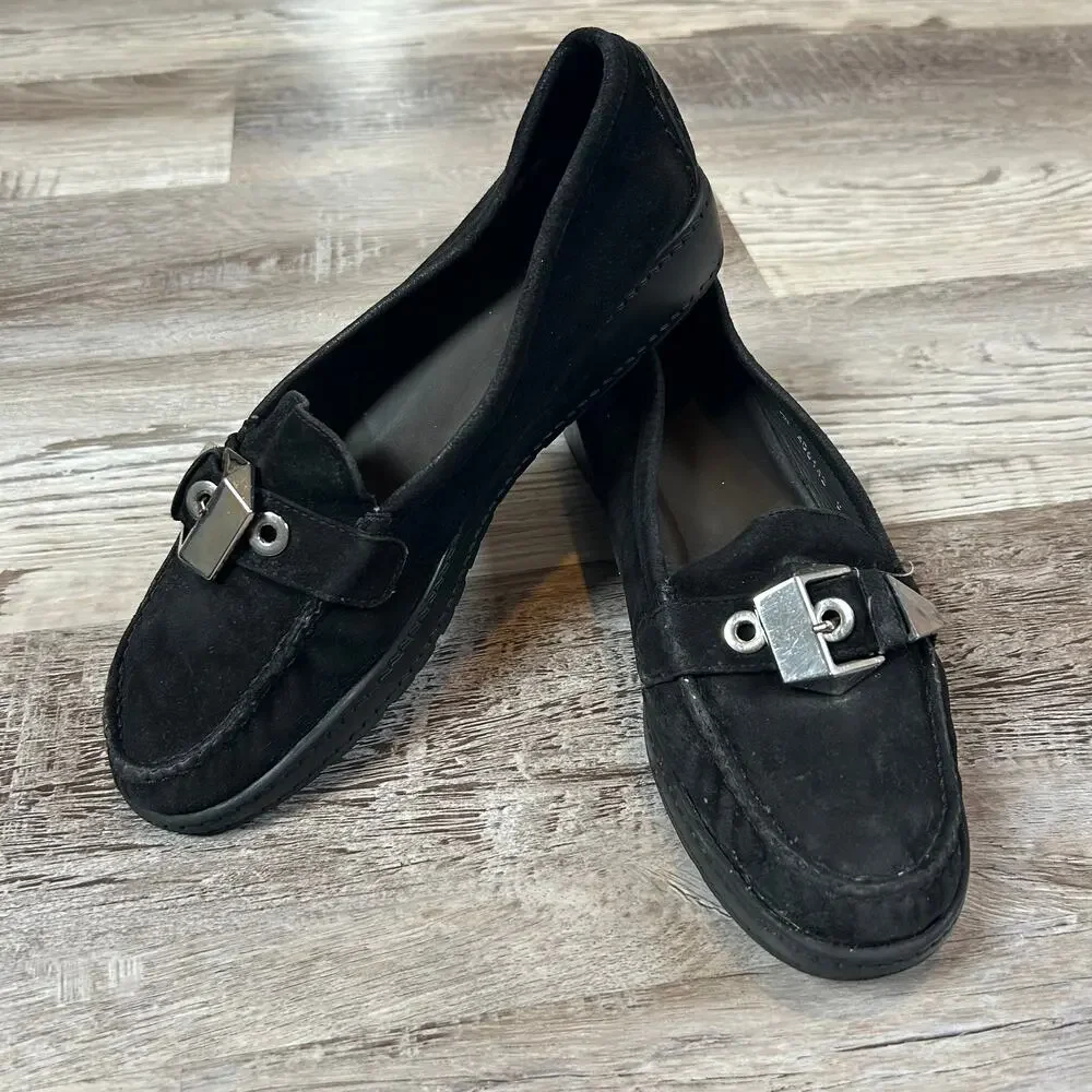 Stuart Weitzman Black Suede Buckle Loafers Size 8M
